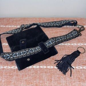 DARK BLUE Suede  BELT BAG with Tassel Keychain